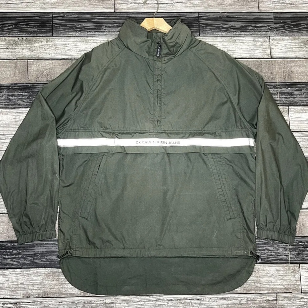 Vintage 90’s Calvin Klein Windbreaker Jacket Size Large Hooded Green Logo Pocket